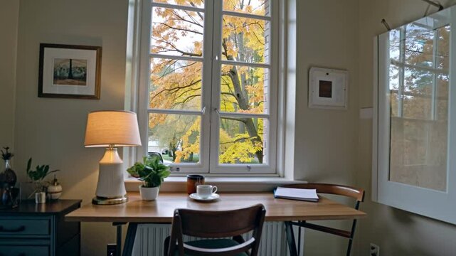 Cozy Home Office with Autumn Tree View