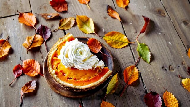 Pumpkin Pie Slice with Cream on Wooden Table – Autumn Dessert Flat Lay