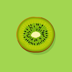 Close-up illustration of a sliced kiwi fruit on a bright green background, copy space