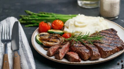 Perfectly grilled steak served with creamy mashed potatoes and grilled seasonal vegetables on a ceramic plate alongside a wine glass