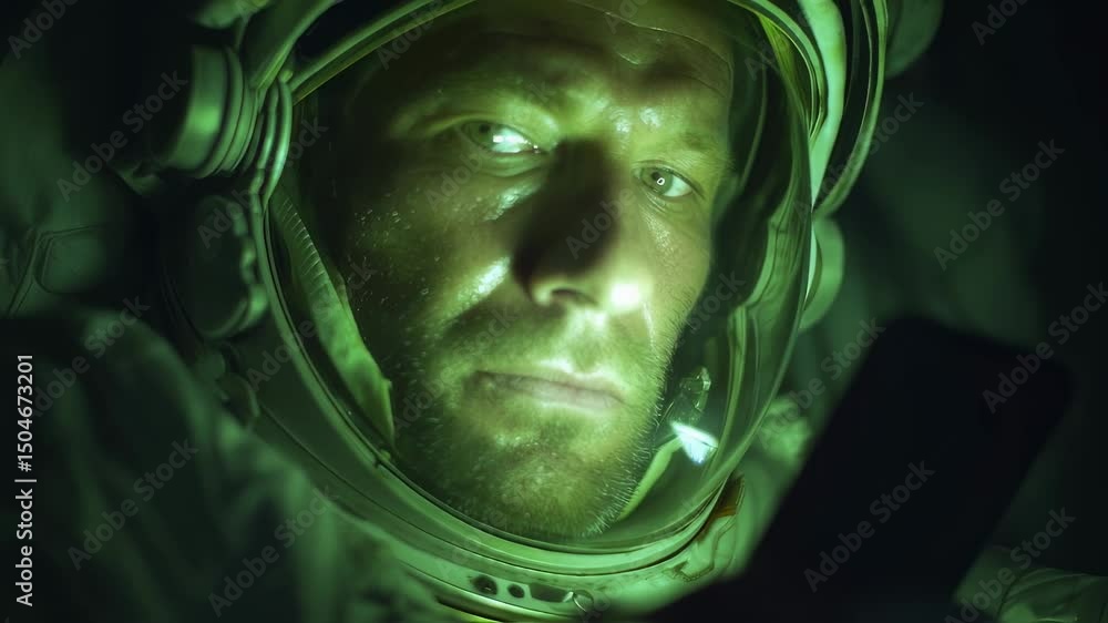 Aufkleber spacesuit clad astronaut checks smartphone illuminated by eerie green light inside a dark spacecraft