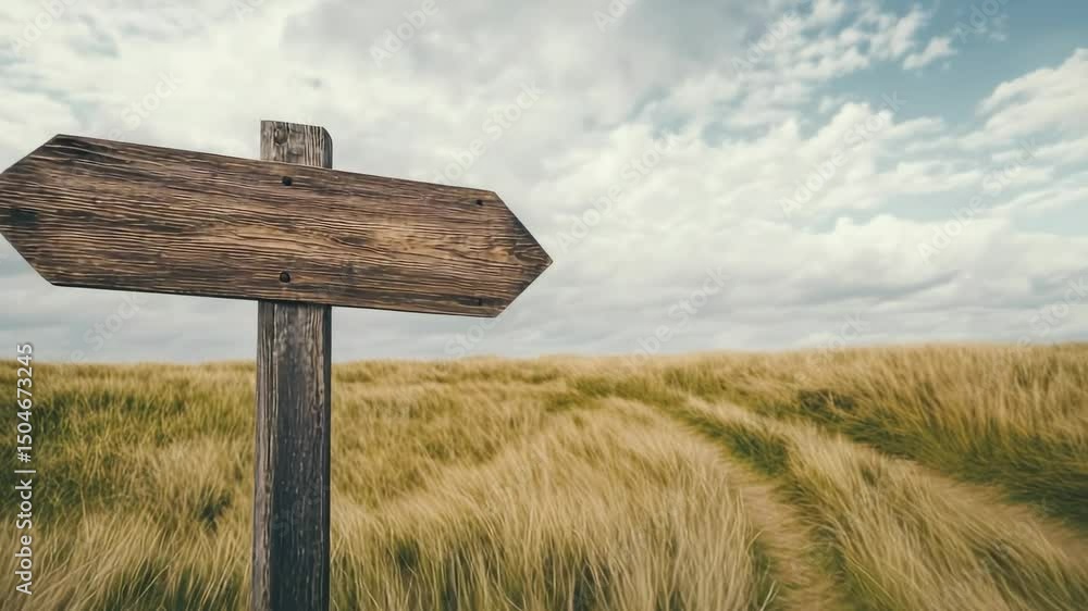 Poster Multiple views of a weathered wooden signpost with a blank arrow, possibly symbolizing choices, directions, or decisions, set against a backdrop of a golden field and a cloudy sky