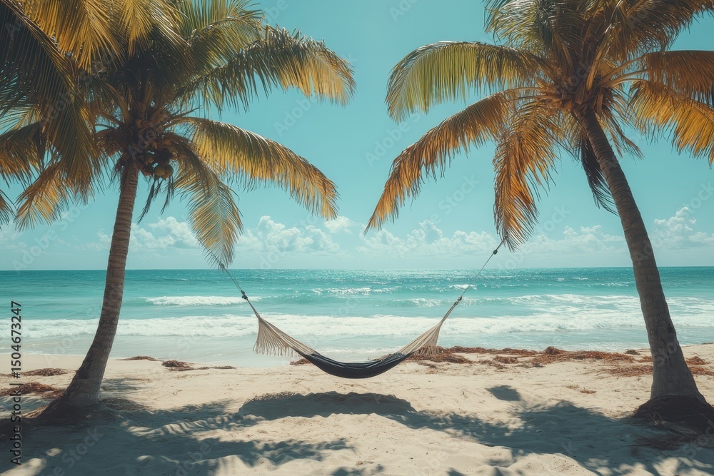 Poster Relaxation by the beach in a hammock surrounded by palm trees on a sunny day with gentle waves in the background