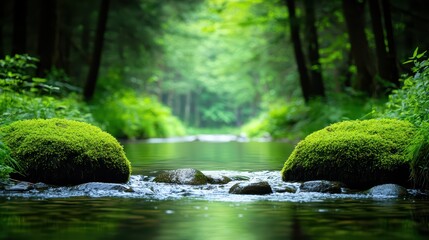 Serene Forest Stream with Lush Green Mossy Rocks Surrounded by Lively Nature and Tranquil Water Reflection
