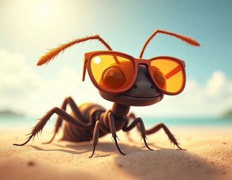 Cute ant wearing sunglasses relaxing on the beach. Funny insect on sand enjoys summer sun vacation. Cool ant character with smiling face on sunny shore.