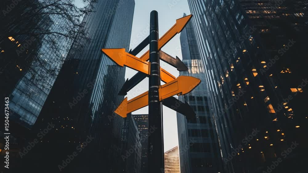 Poster orange directional arrows on signpost indicating diverging career paths, positioned against illumina