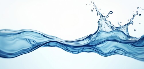 Illustration dynamic water splash with light, dark blue tones against white background. Clean water wave graphic. Pure, transparent liquid. Ideal for advertising, design, eco-friendly products.