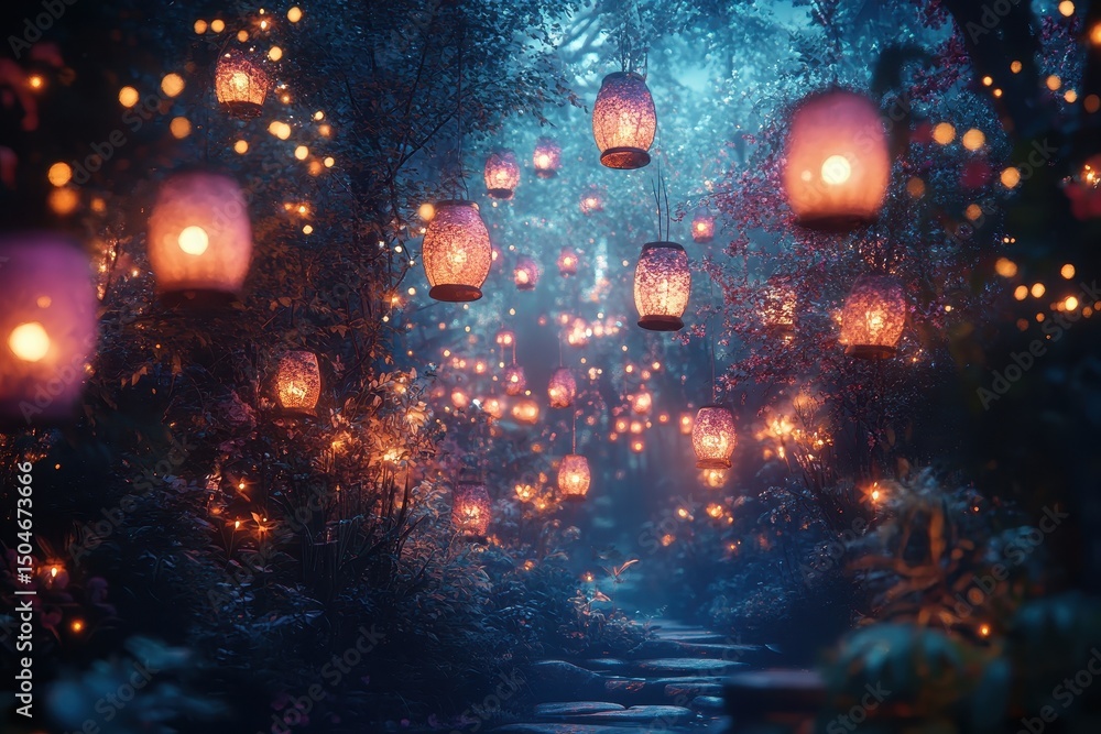 Poster Illuminated lanterns glow softly along a winding path in a tranquil forest during twilight, creating a magical atmosphere filled with wonder and serenity
