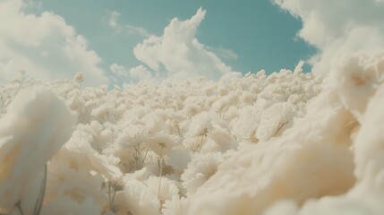 Dreamy White Flower Field Under Sunny Sky