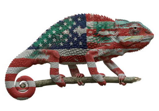 Chameleon with USA flag pattern on its skin, perched on a branch, isolated, transparent PNG. Symbolizing adaptation, patriotism, and changing political landscapes