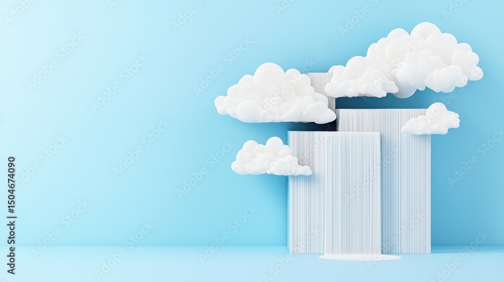 Poster minimalist design of paper blocks with clouds on a blue background representing creativity and imagi