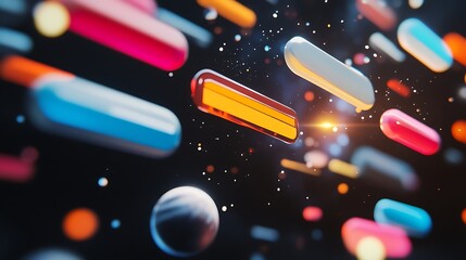 Floating search bars orbiting a keyword planet