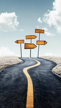 Multiple wooden signposts showing different directions stand at the division of a winding road, symbolizing choices, decisions, and the fear of better options