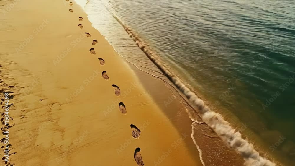 Poster waves are washing away footprints on a beach, creating a mesmerizing sequence that evokes the epheme
