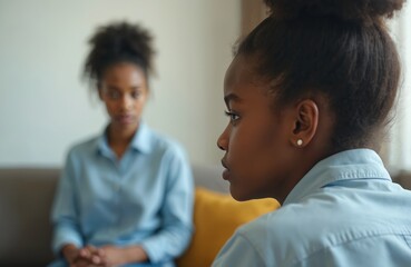 Young African American teen girl looks sad in psychologist office. Consultation with mental health counselor. Depression, emotional distress. Adolescent mental health crisis. Support therapy session.