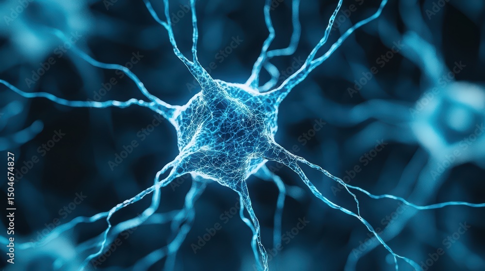 Poster blue glowing neuron with intricate dendrites and axons illustrating human brain connectivity and fun