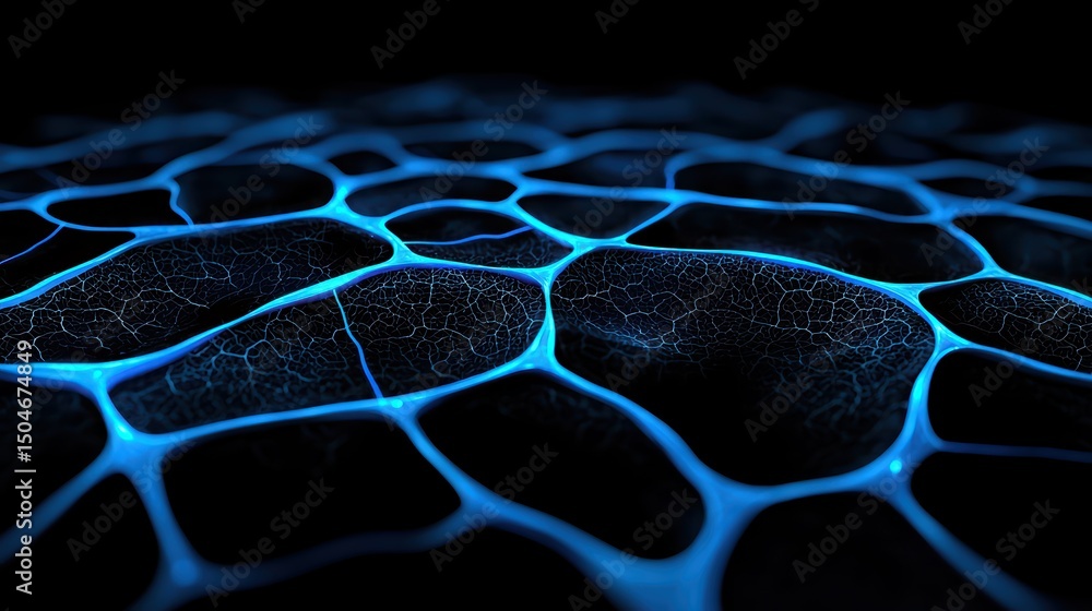 Poster intricate blue lines on dark background representing abstract organic patterns and textures in digit