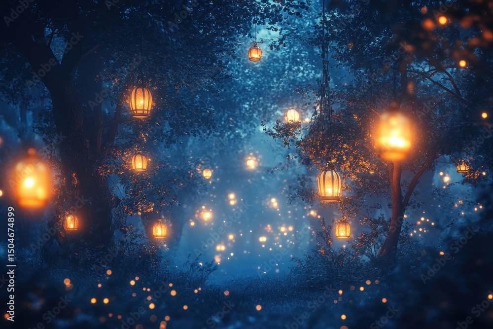 Aufkleber Illuminated lanterns glow softly along a winding path in a tranquil forest during twilight, creating a magical atmosphere filled with wonder and serenity