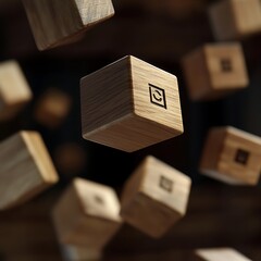 Floating wooden cubes that display either logo depending on perspective