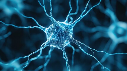 Blue Glowing Neuron with Intricate Dendrites and Axons Illustrating Human Brain Connectivity and Functionality