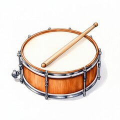 Wooden Snare Drum with Stick on White Background for Music and Instrument Concepts