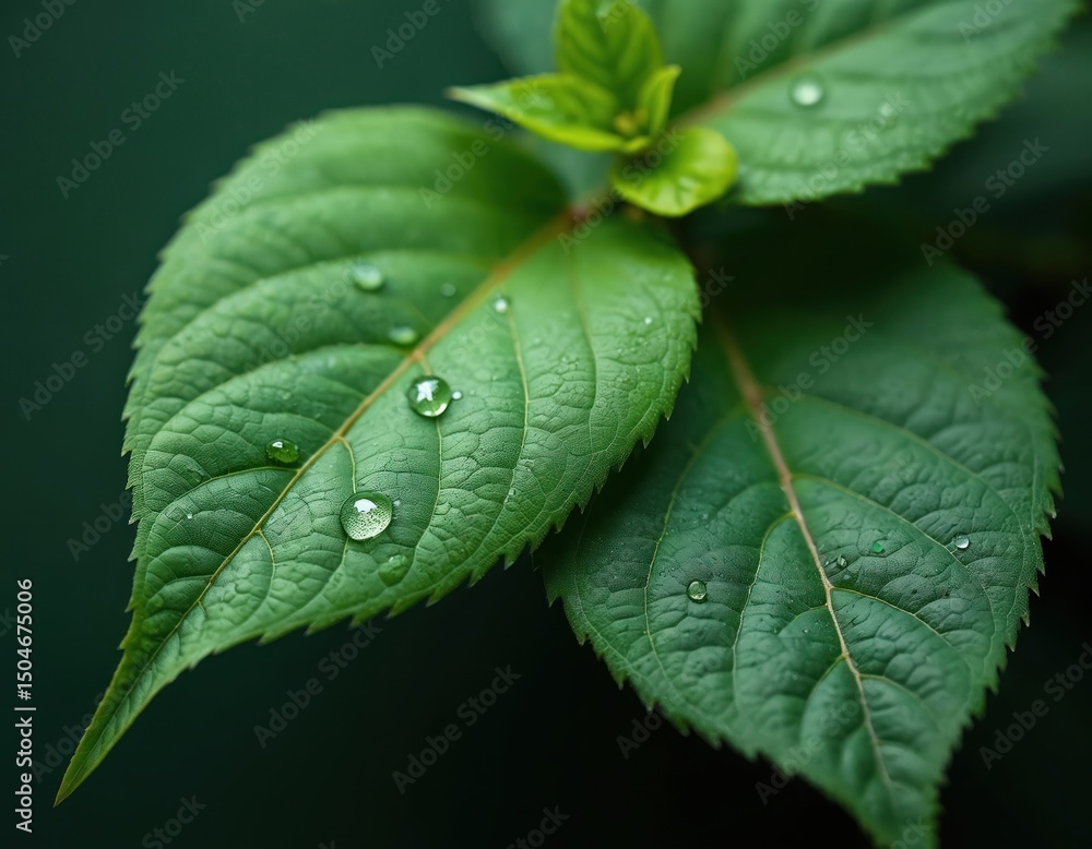 Poster macro photo of green leaf with water droplets. fresh botanical design. detailed texture with sharp f