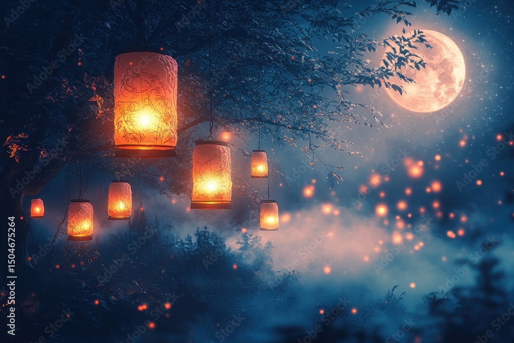 Poster Nighttime lanterns illuminate a serene landscape under a full moon with soft mist and glowing orbs drifting through the air, creating a magical atmosphere