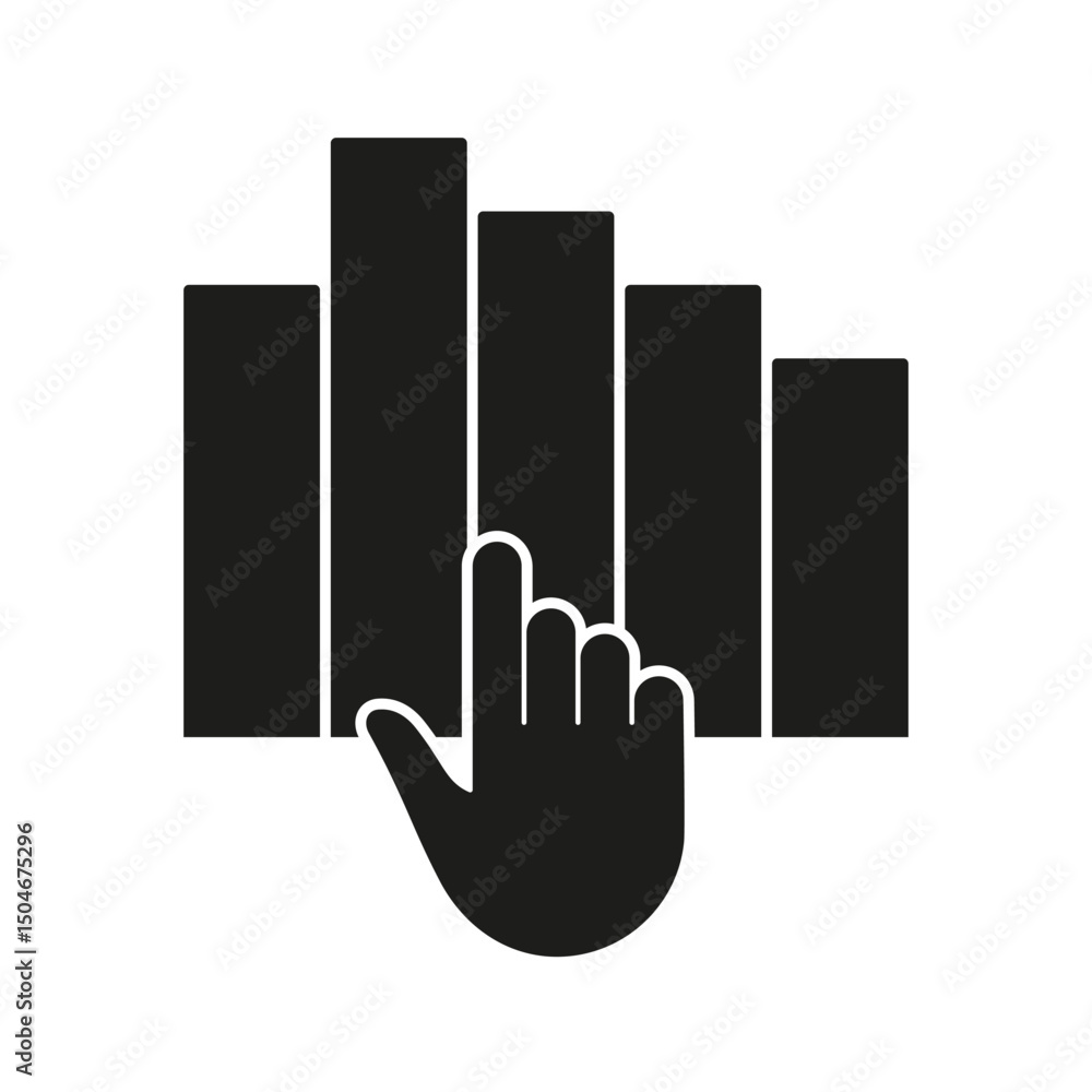 Poster hand interacting with bar chart solid icon. data analysis, interactive visualization, and business a