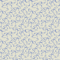 Seamless pattern with blue ribbon bows on light background. Minimalist hand-drawn style. Perfect for wrapping paper, fabric, textiles, decor, and festive design projects.
