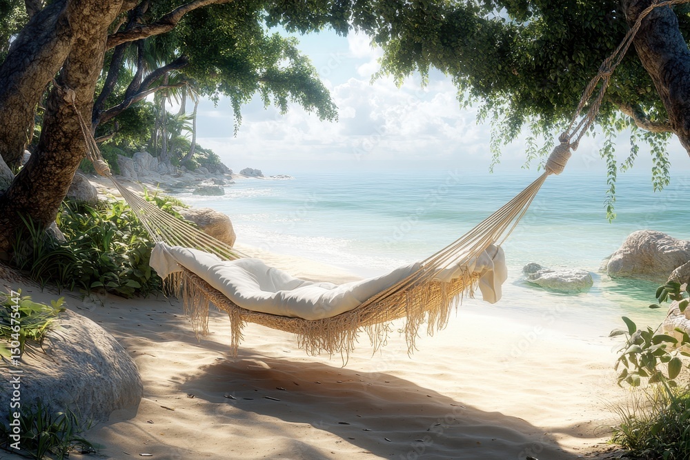 Poster relaxing hammock between palm trees on a serene beach with clear blue water and soft sand under a br