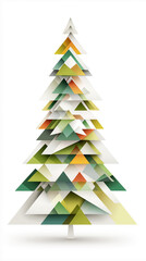 Unique geometric design of a modern Christmas tree made from layered shapes in green, orange, and white colors for seasonal decor