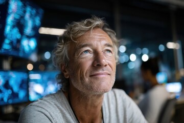 This thoughtful image portrays a man reflecting on future possibilities while surrounded by advanced technology, exploring concepts of innovation and personal aspirations.
