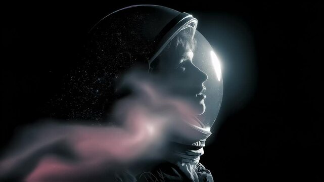 Spaceship window revealing luminous pink nebula unfolding against dark cosmic background, astronaut observing spectacular celestial phenomenon through helmet visor during deep space mission
