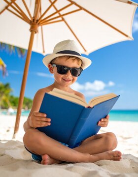 Adorable Boy Reading Book on Sunny Beach Under Umbrella, Summer Vacation Fun
