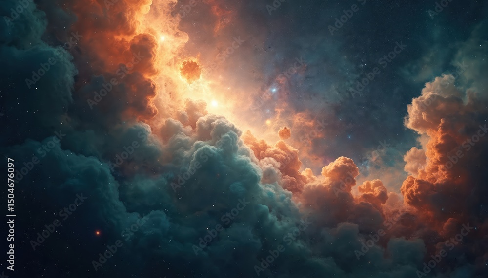 Poster celestial abstract background with vibrant stars, nebula in cosmic space. orange, blue, grey clouds 
