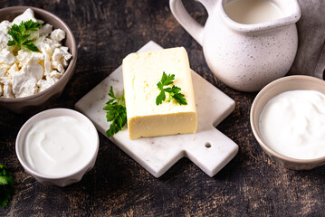 Dairy products. Milk, cottage cheese, cream, butter and yogurt
