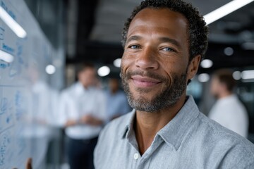 Obraz premium A confident businessman with a warm smile stands in a modern office, showcasing a positive work environment and friendly collaboration among colleagues discussing ideas behind him.