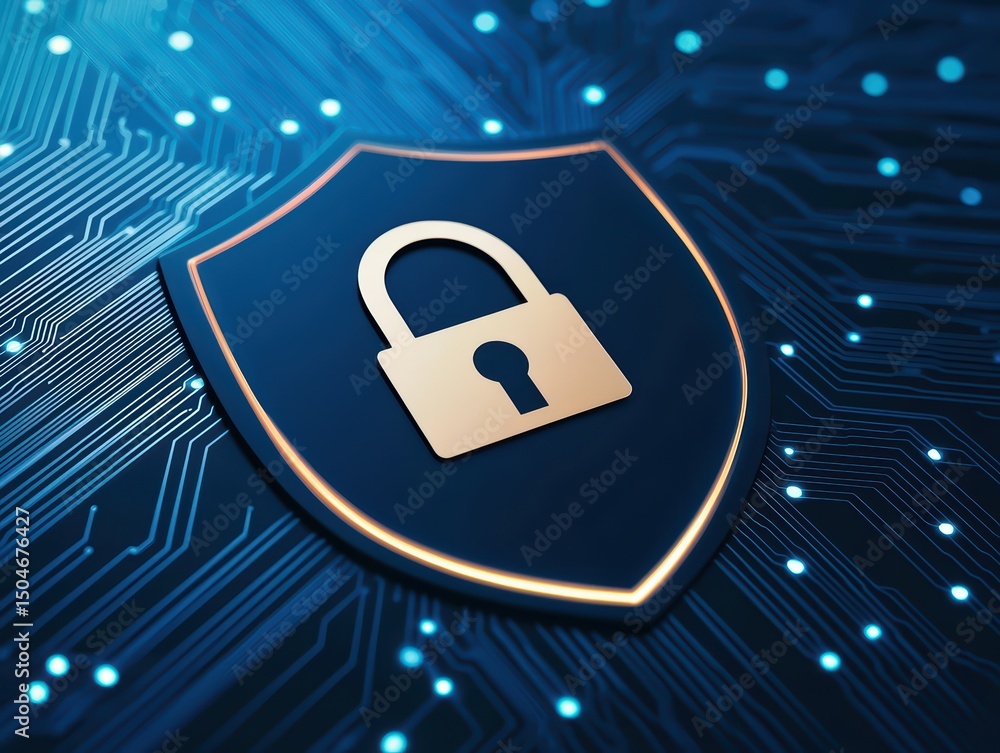 Poster digital security shield with lock symbol representing cyber protection and data privacy concepts