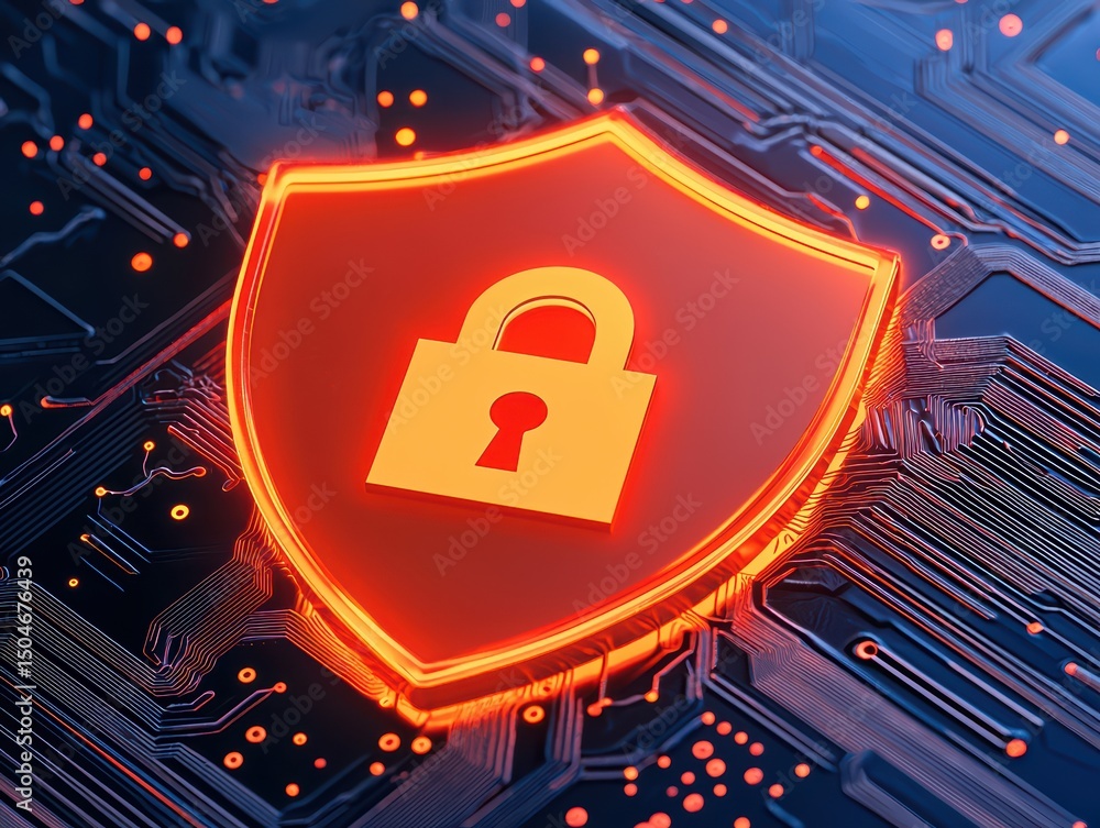 Poster digital security shield with padlock on circuit board background representing data protection and cy