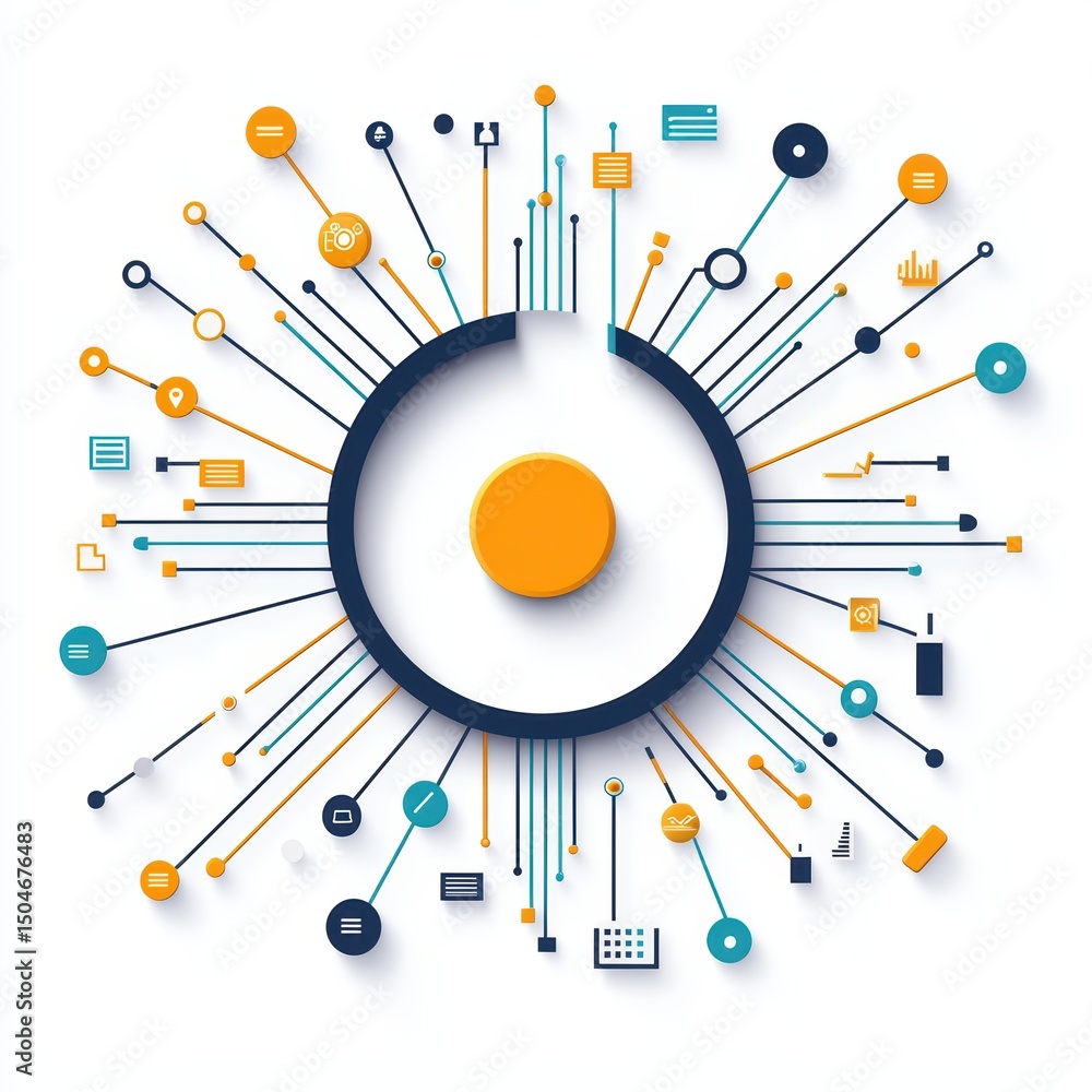 Poster dynamic visualization of data connections with circular center and radiating lines in modern design 