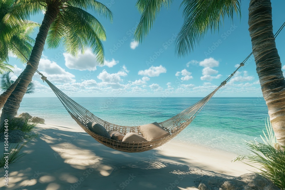 Poster relaxing hammock between palm trees on a serene beach with clear blue water and soft sand under a br