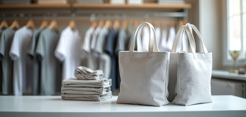 White tote bags, folded shirts, apparel items on display at company event. Promotional corporate giveaway merchandise. Branding items for swag kit. Marketing gifts for business. Event merchandising.