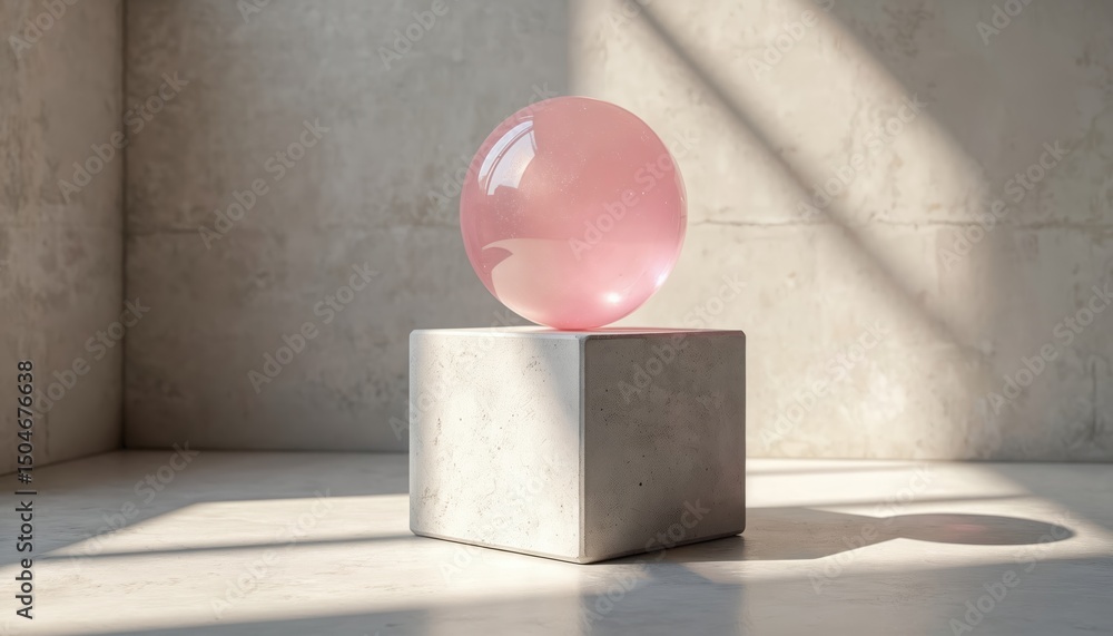 Poster pink quartz sphere atop concrete cube illuminated by sunlight from window. minimalist modern design,