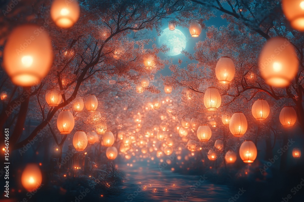Poster nighttime lanterns illuminate a serene landscape under a full moon with soft mist and glowing orbs d