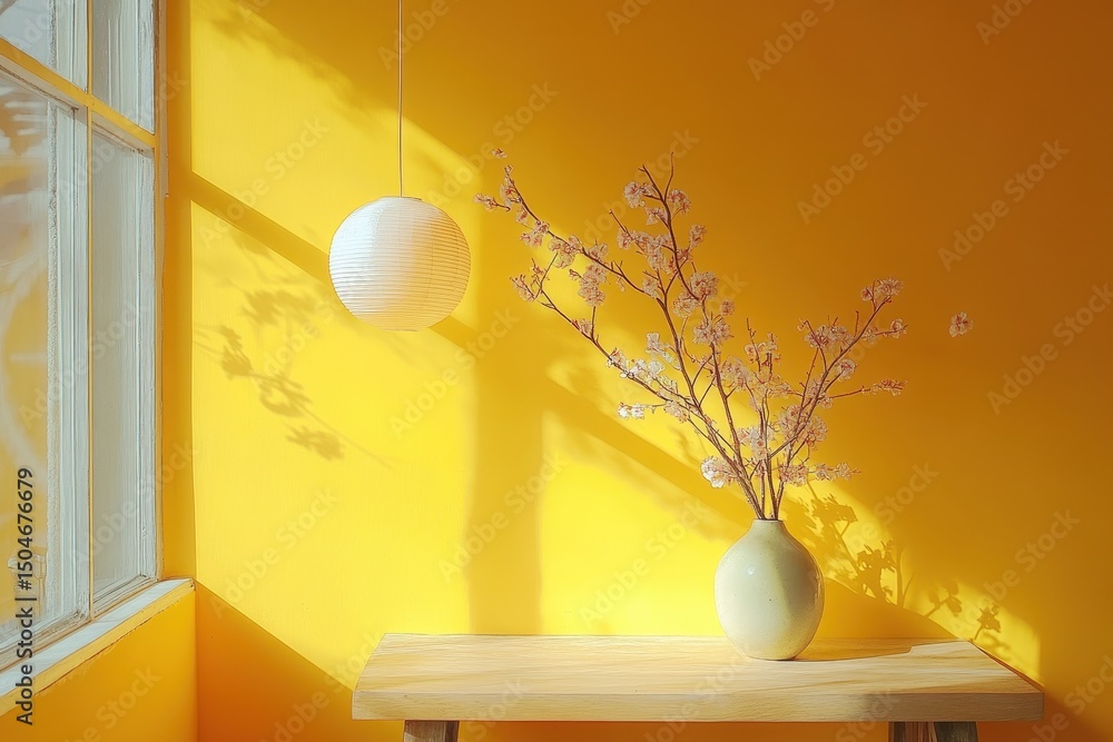 Aufkleber Bright and cheerful interior of a modern cafe designed with yellow tones and unique architecture in a vibrant setting