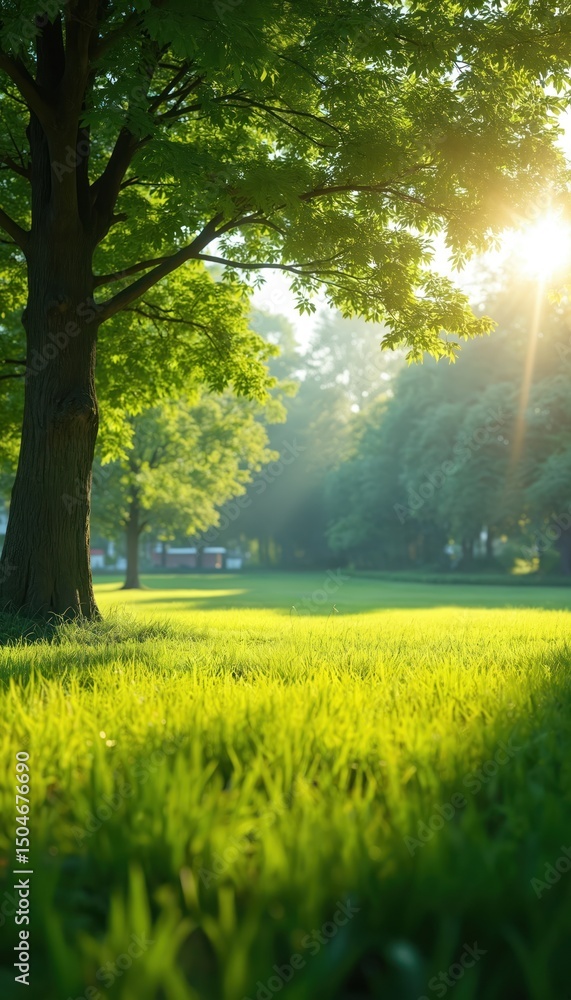 Poster sun shines through tree branches in green park with rich grass, creating peaceful morning view. fres