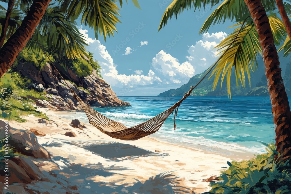 Poster relaxing hammock between palm trees on a serene beach with clear blue water and soft sand under a br