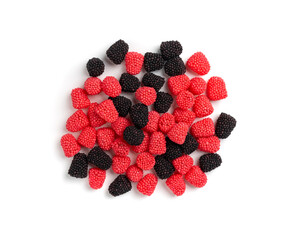Gummy berries, chewy raspberries or jelly blackberries, gelatin candies fruit marmalade
