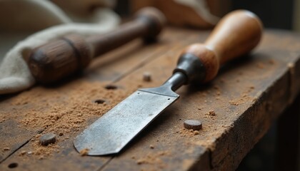 Close-up image of well-worn carpenter chisel with wooden handle on old workbench. Symbol of traditional craftsmanship. Carpentry woodwork, tool, work. Vintage woodworking background.