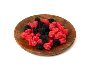 Gummy berries, chewy raspberries or jelly blackberries, gelatin candies fruit marmalade